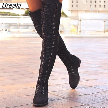 Niulatu High Boots Women Western Over-the-knee Boots Rome Lace-up Low Heel Autumn Winter Boots Women Boots Shoes Plus Size 43 DJSE